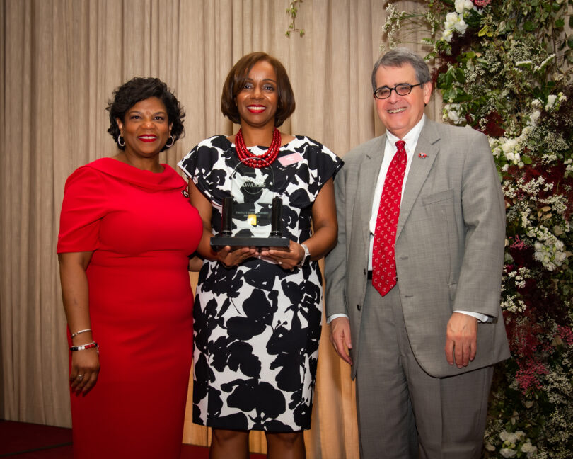 (L to R) Alumni Association President Yvette K. Daniels, Michelle Cook and UGA President Jere W. Morehead at the Alumni Association Awards. Cook won this year's Faculty Service Award