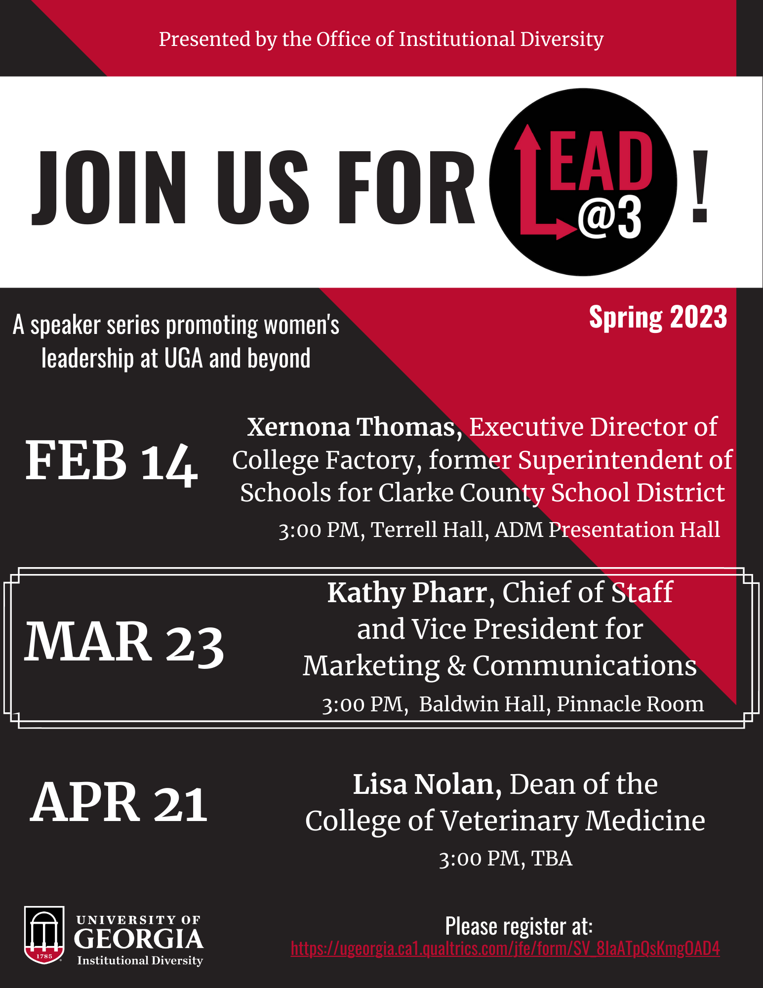 Flyer for the Spring 2023 Lead @ 3 speaker series with information regarding events
